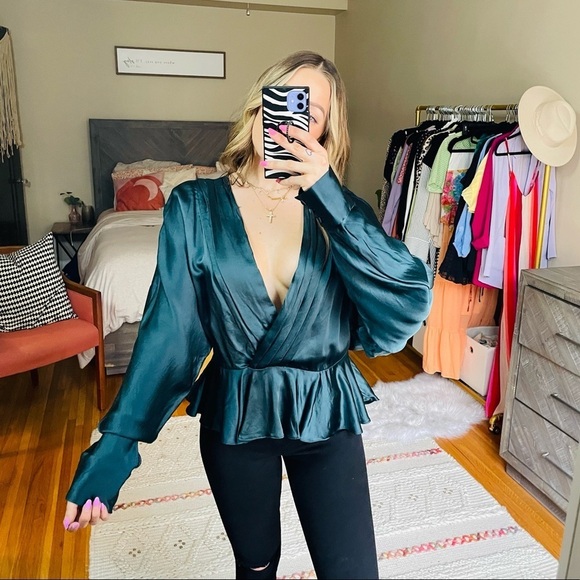 NBD Satin Bronson Wrap Front Blouse in Evergreen - Picture 5 of 9